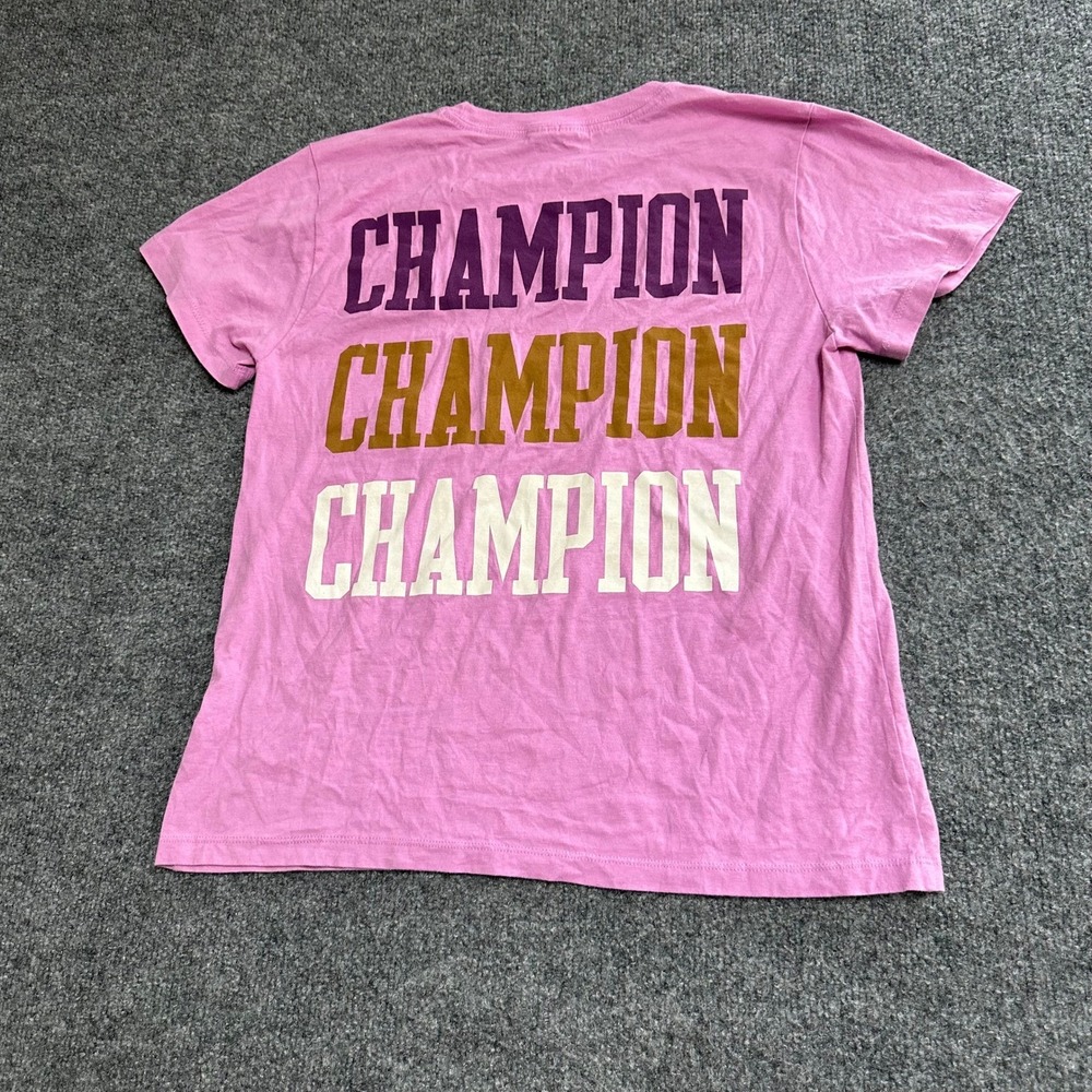 Champion T-Shirt Womens Size M Pink Triple Stacked Logo Graphic Short Sleeve Tee